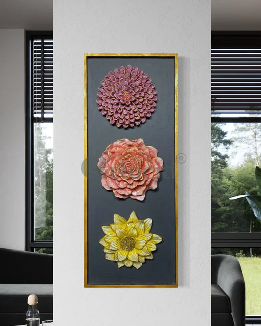 2.5X1 Feet Decorative Trio of Blooming Flowers | Abstract 3d Relief Mural Wall Art Framed