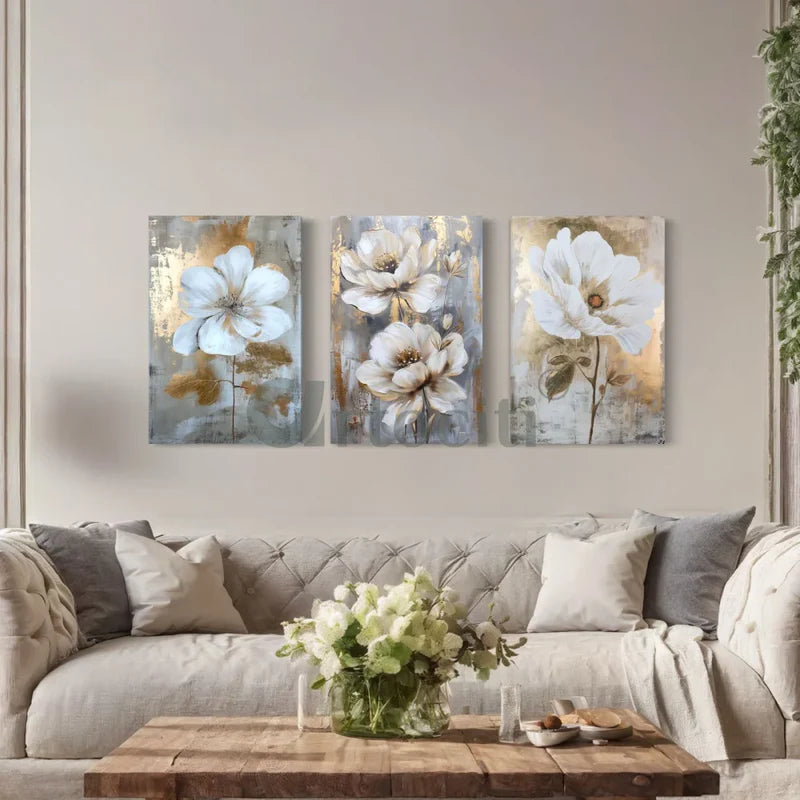 Exquisite Trio: White Floral Modern Abstract Canvas Giclee Prints