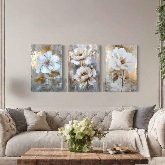 Exquisite Trio: White Floral Modern Abstract Canvas Giclee Prints