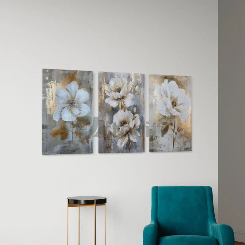 Exquisite Trio: White Floral Modern Abstract Canvas Giclee Prints