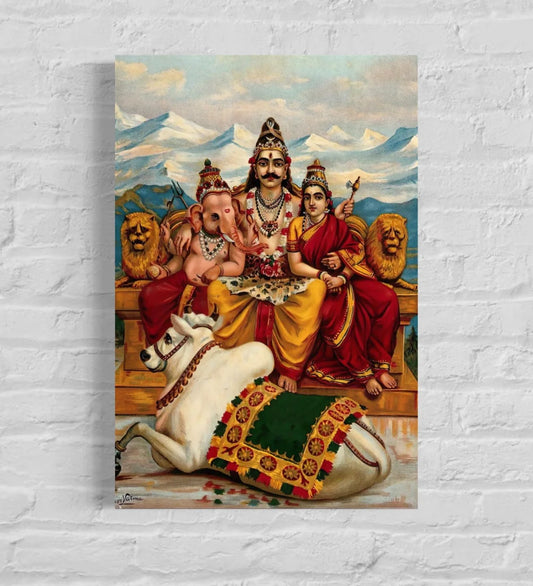 Shiva Parvati And Ganesha On Mount Kailas By Raja Ravi Varma Famous Canvas Painting