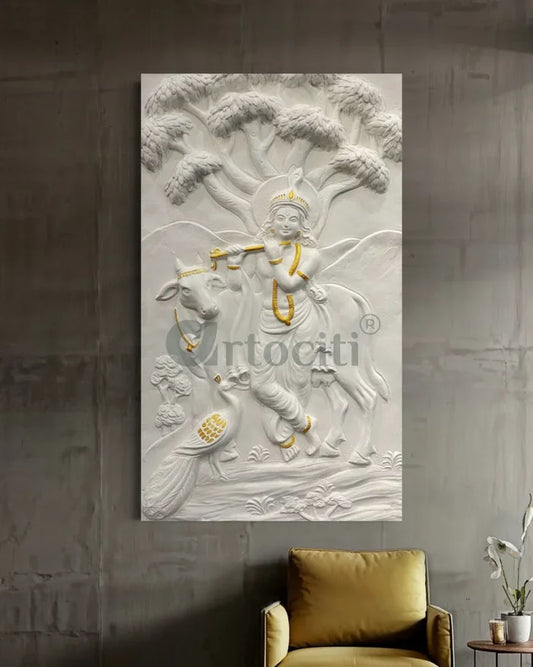 48x28 Inches Krishna with Cow 3D Relief Mural