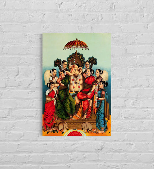 Ganesha And His Two Wives By Raja Ravi Varma Famous Canvas Painting