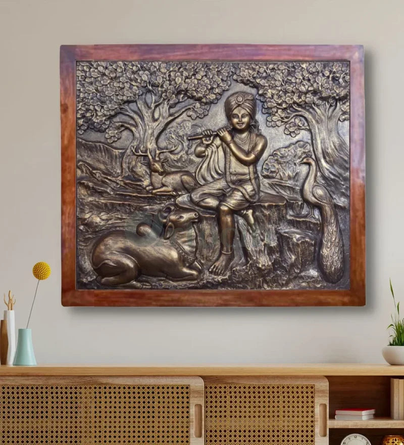 Kanha (Krishna) with Cow 3D Relief Mural Wall Hanging