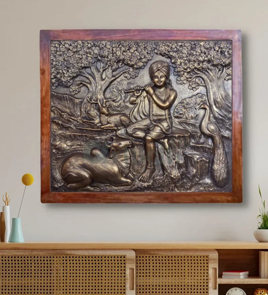 Kanha (Krishna) with Cow 3D Relief Mural Wall Hanging