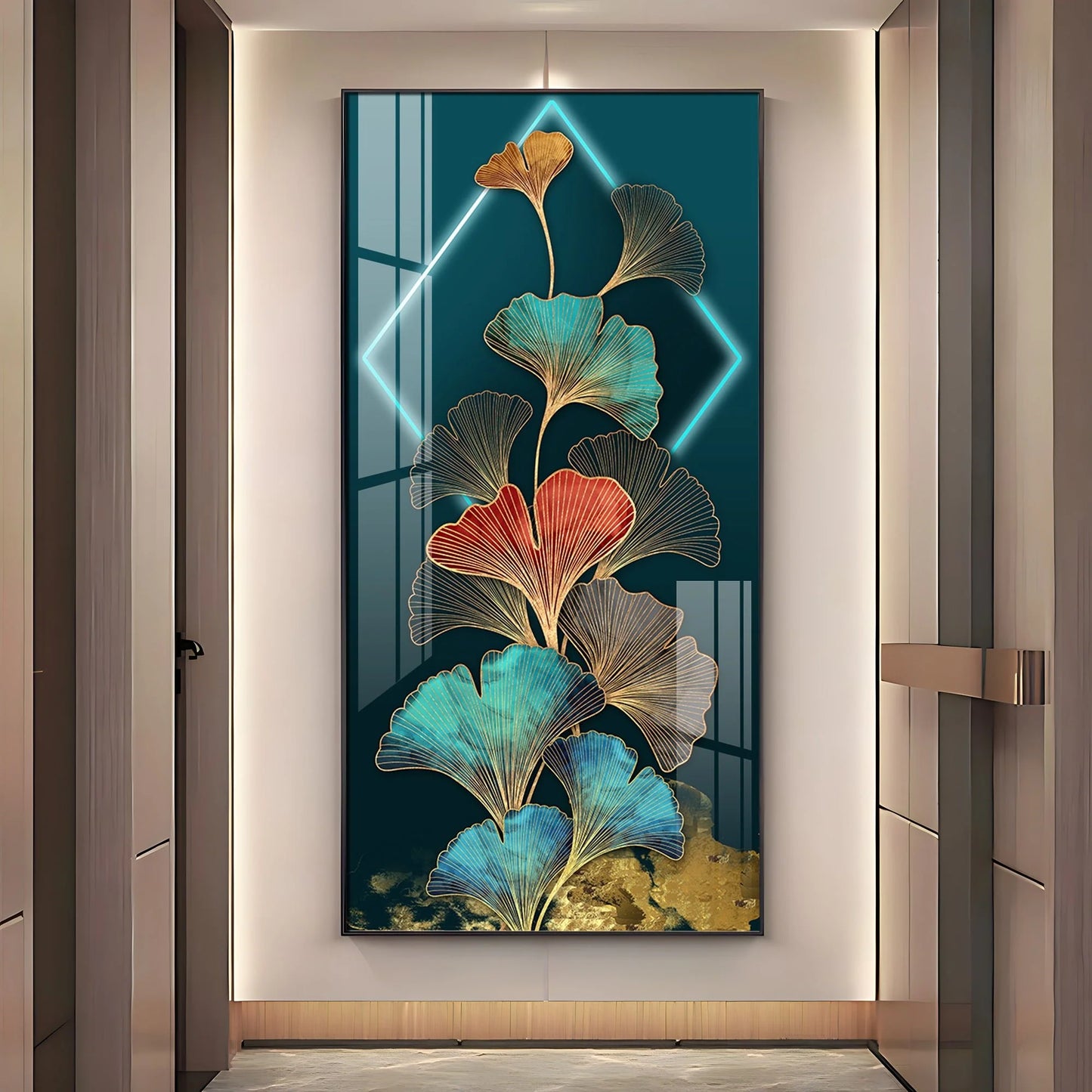 Ginkgo Leaf Entrance Hall Gold Foil Luxury Crystal Vertical Wall Art