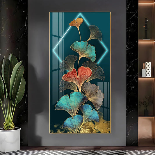 Ginkgo Leaf Entrance Hall Gold Foil Luxury Crystal Vertical Wall Art