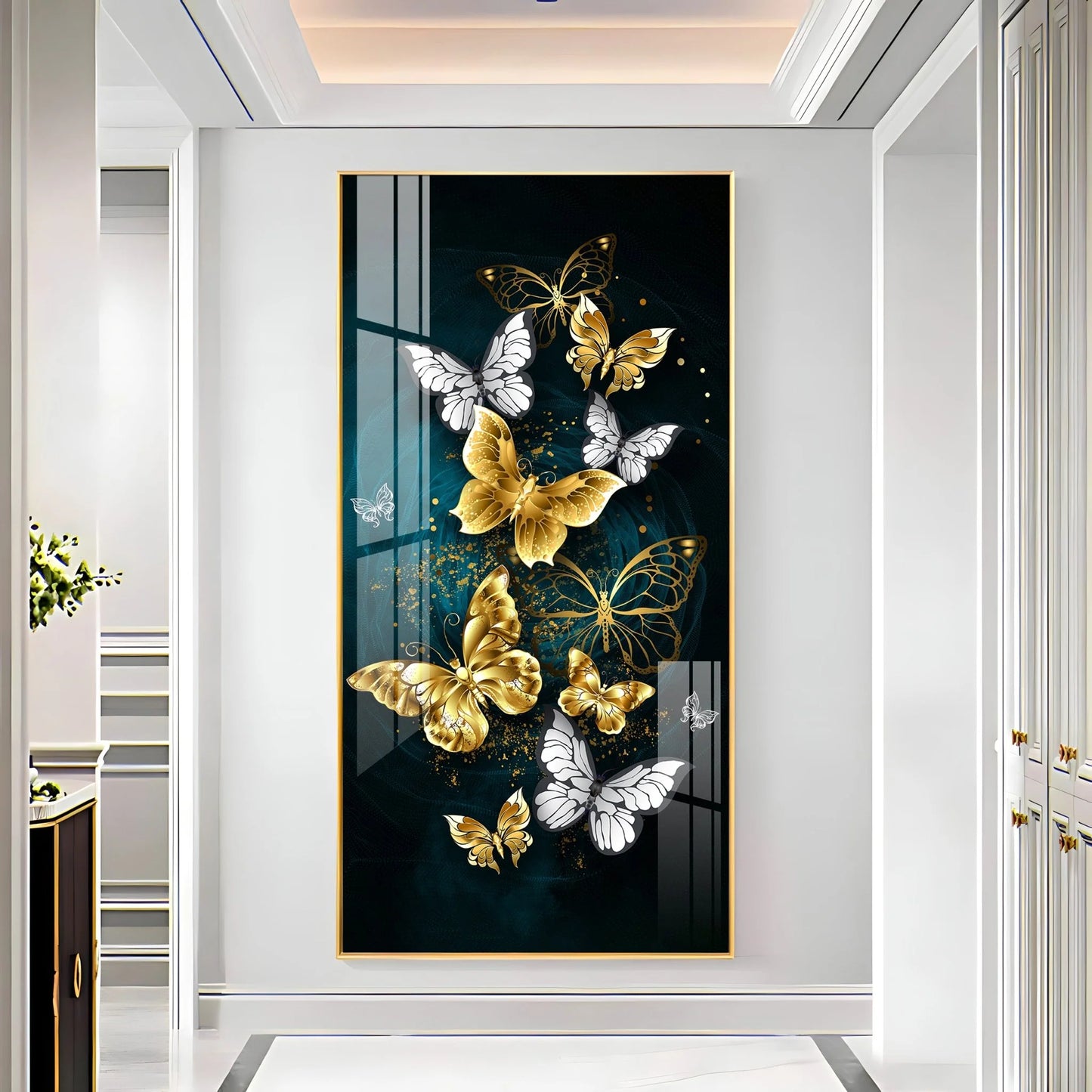 Glittery Golden & Silver Butterfly Luxury Crystal Vertical Wall Art