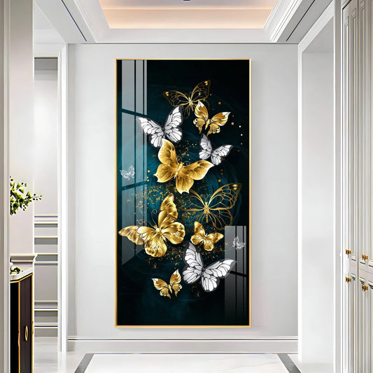 Glittery Golden & Silver Butterfly Luxury Crystal Vertical Wall Art