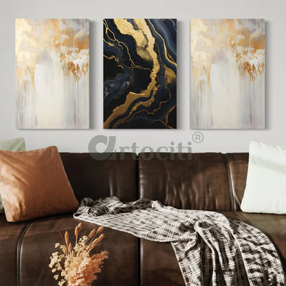 Golden-Black Abstract Canvas Trio Modern Abstract Canvas Painting
