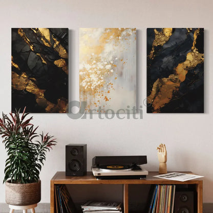 Golden-Black Abstract Canvas Trio Modern Abstract Canvas Painting