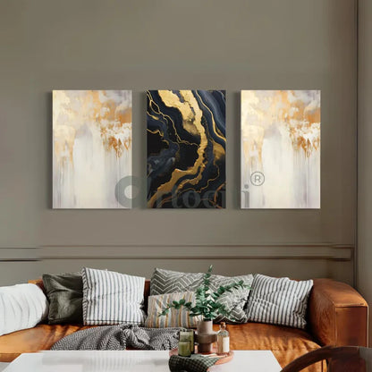 Golden-Black Abstract Canvas Trio Modern Abstract Canvas Painting