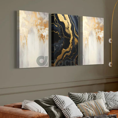 Golden-Black Abstract Canvas Trio Modern Abstract Canvas Painting