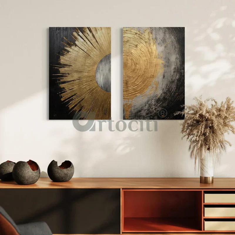 Golden Black Circular Texture design Modern Abstract Canvas