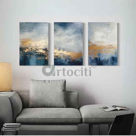 Golden Blue Canvas Trio Modern Abstract Canvas Painting
