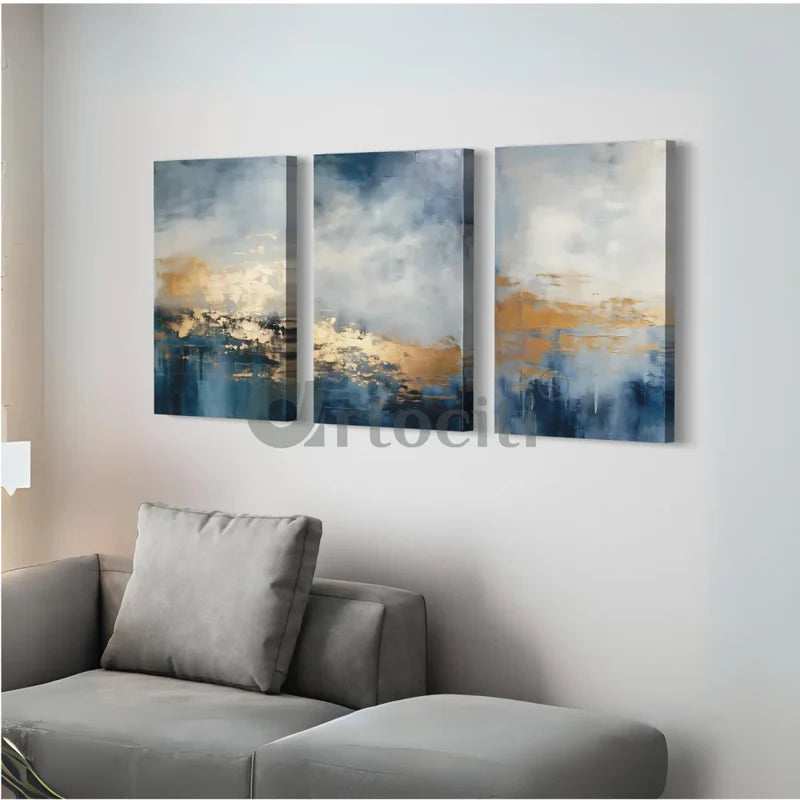Golden Blue Canvas Trio Modern Abstract Canvas Painting