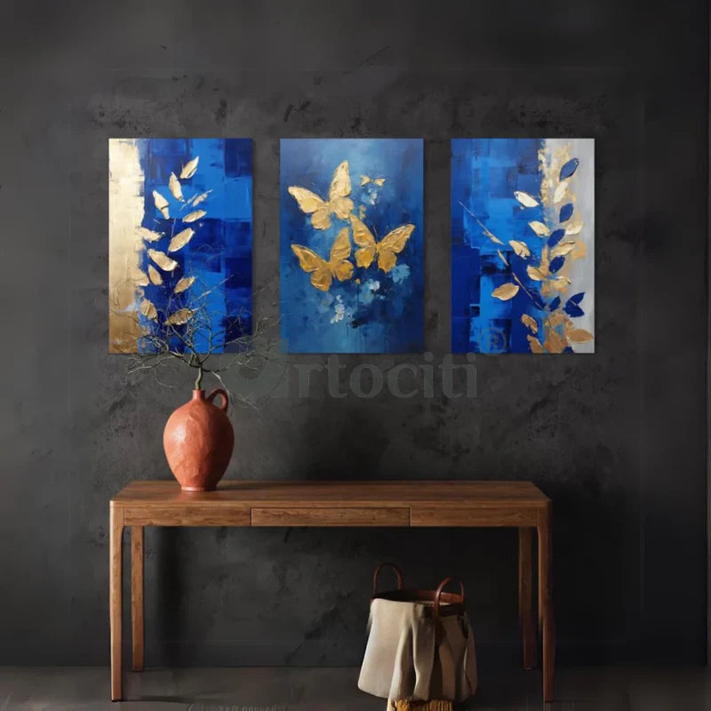 Golden Butterfly and Leaves Abstract Canvas Art Set (Set of 3)