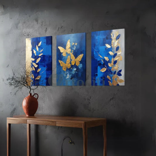 Golden Butterfly and Leaves Abstract Canvas Art Set (Set of 3)