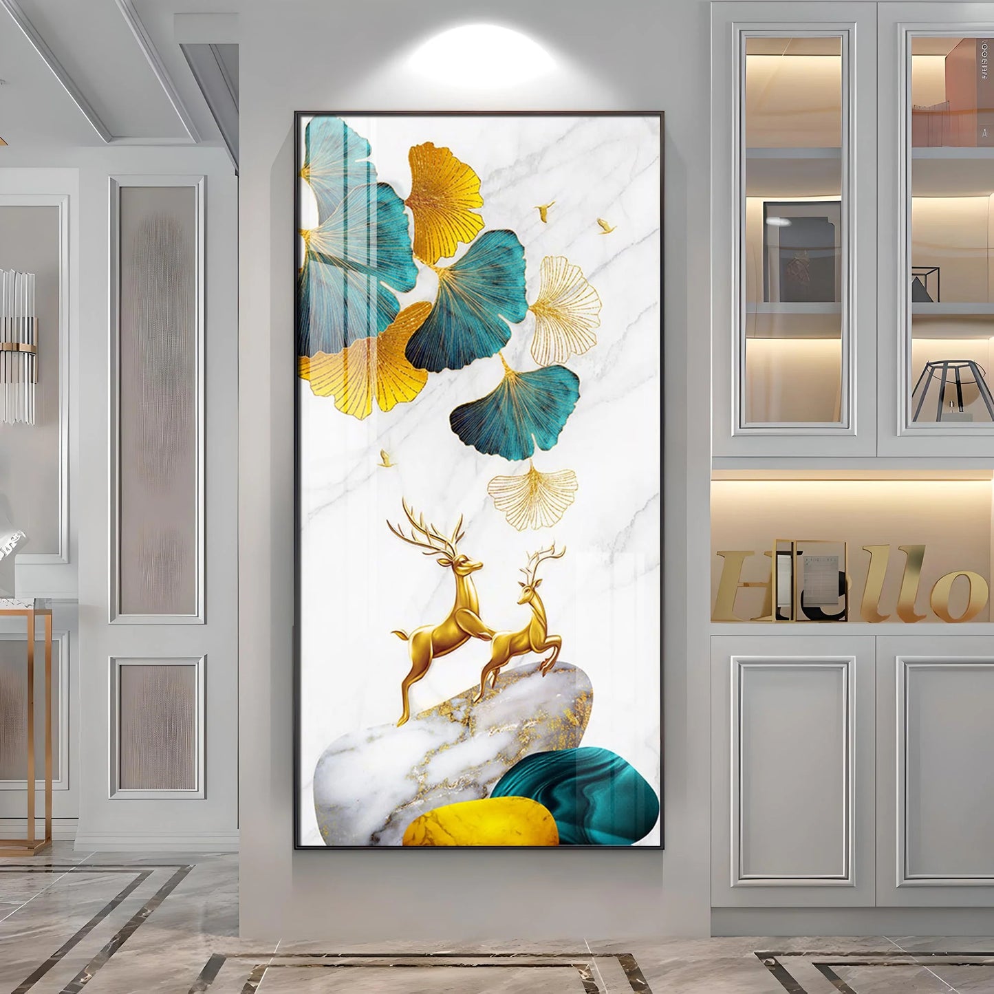 Golden Deers on Marble Stone Luxury Crystal Wall Art