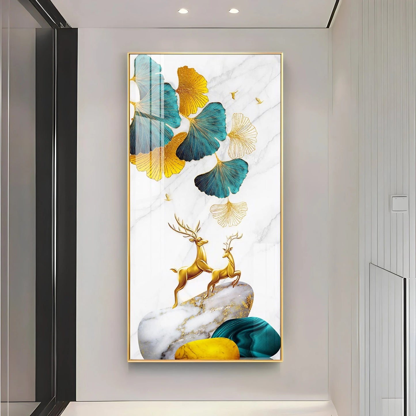 Golden Deers on Marble Stone Luxury Crystal Wall Art