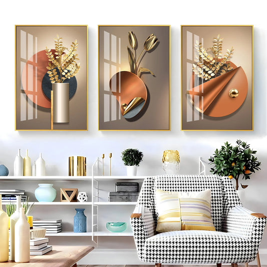 Golden Flower Triptych Luxury Crystal Wall Art (Set of 3)