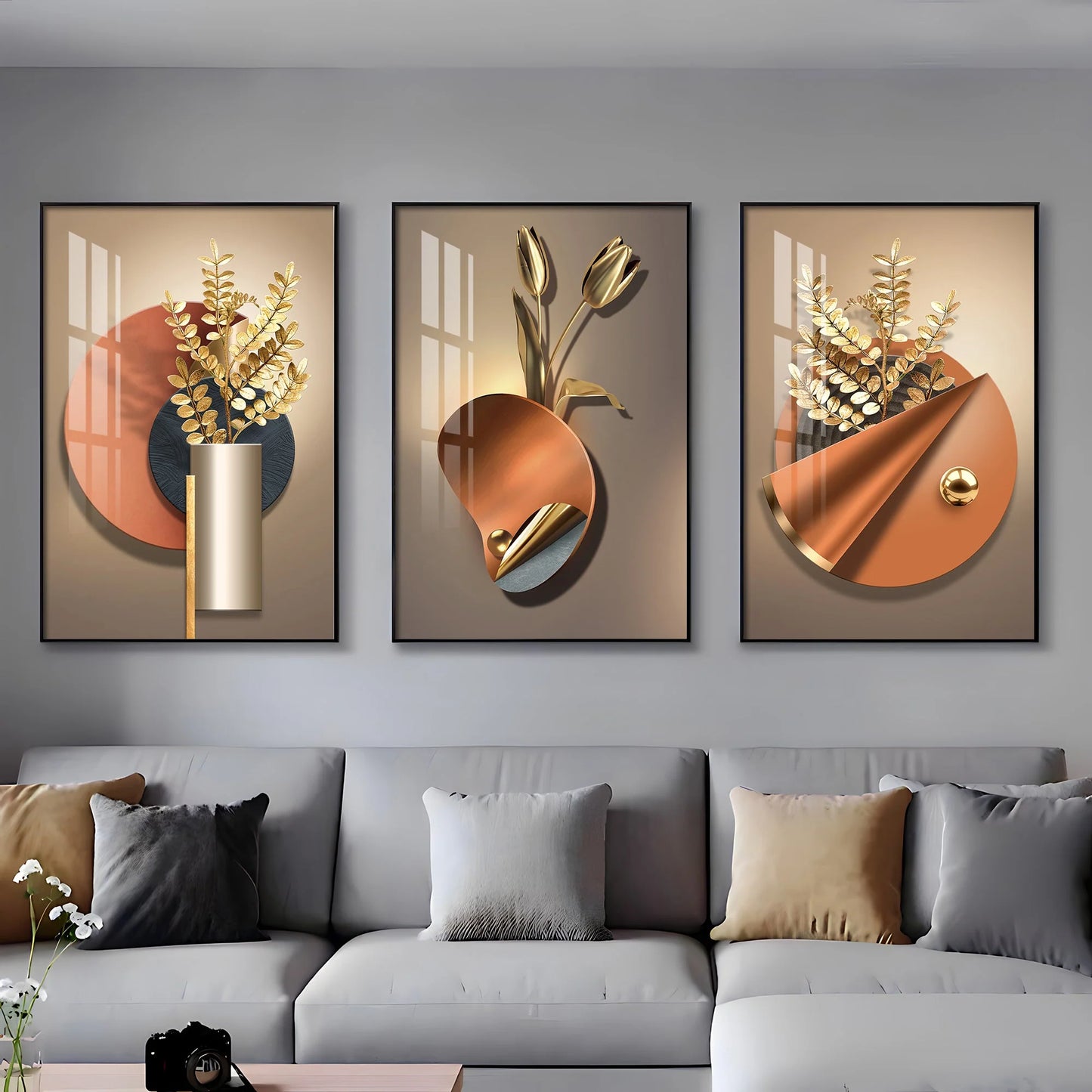 Golden Flower Triptych Luxury Crystal Wall Art (Set of 3)