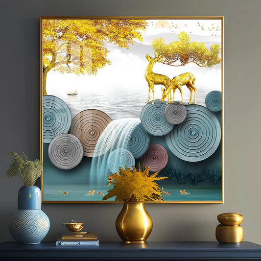 Golden Fortune Deer Luxury Crystal Square Wall Art