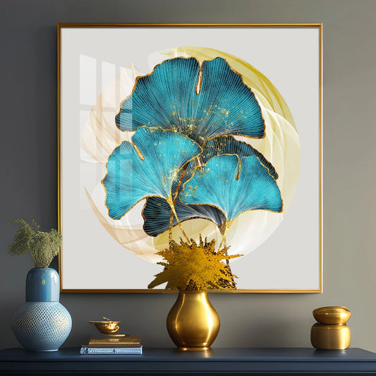 Golden Ginkgo Leaf Luxury Crystal Square Wall Art