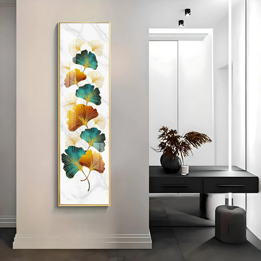 Golden Green Leaves Luxury Crystal Vertical Wall Art
