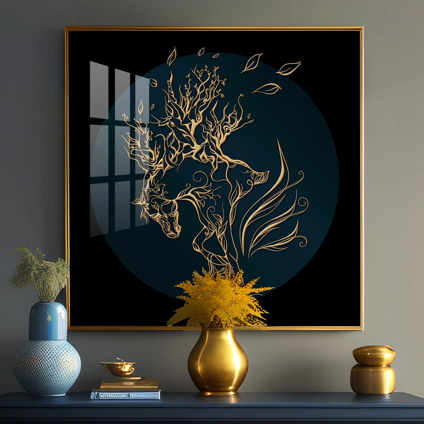 Golden Horse Lines Abstract Premium Acrylic Square Wall Art
