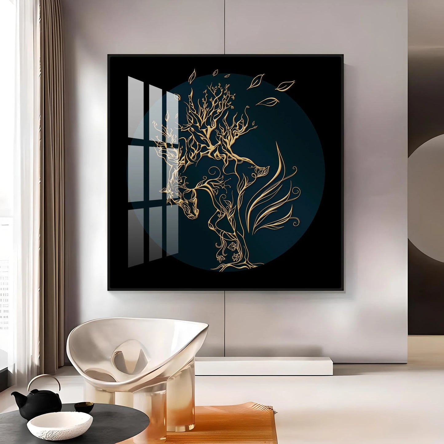 Golden Horse Lines Abstract Premium Acrylic Square Wall Art