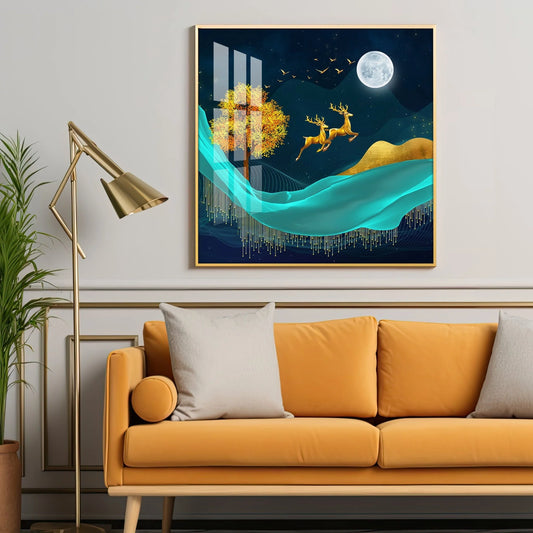 Golden Jolly Deers Luxury Crystal Square Wall Art