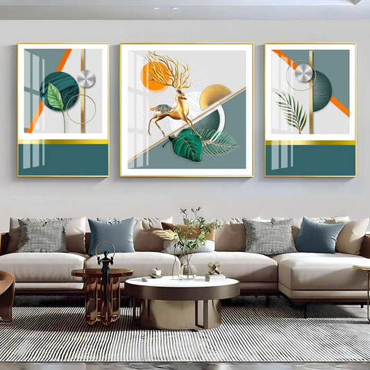 Golden Leaf With Deer Premium Acrylic Wall Art (Set of 3)