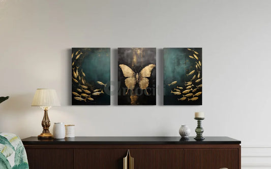 Golden Serenity: 3-Piece Teal Butterfly & Fishes Canvas Art Set