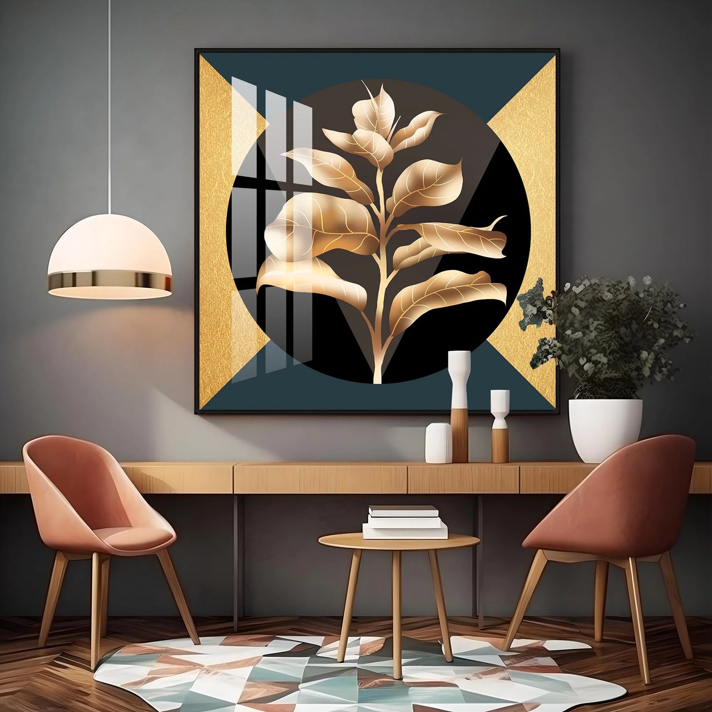 Golden Tropical Leaf Luxury Crystal Square Wall Art