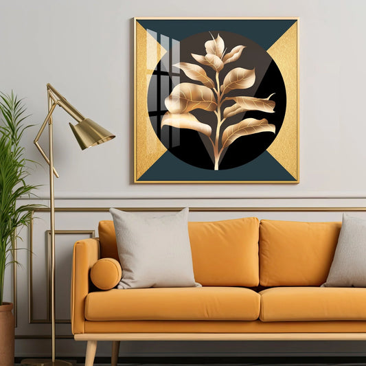 Golden Tropical Leaf Luxury Crystal Square Wall Art