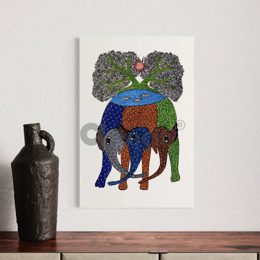 Gond Art Trio: Multicolor Three Elephant with Tree Canvas Print