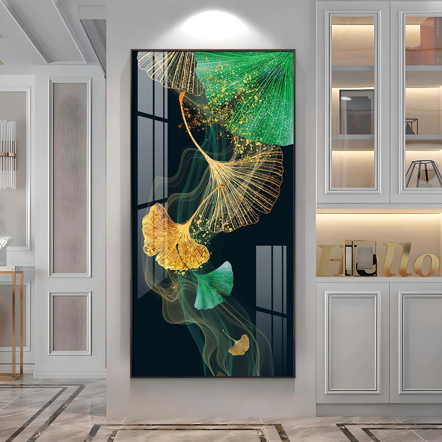 Green Ginkgo Biloba Leaves Luxury Crystal Wall Art