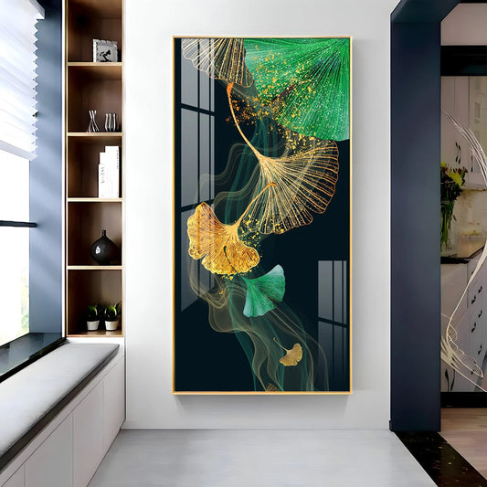 Green Ginkgo Biloba Leaves Luxury Crystal Wall Art