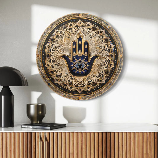 Round Hamsa Hand & Evil Eye Canvas Giclee Print Round Canvas Wall Art