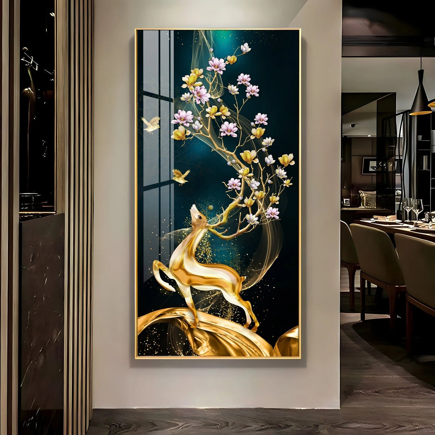 Heavenly Golden Deer Luxury Crystal Vertical Wall Art
