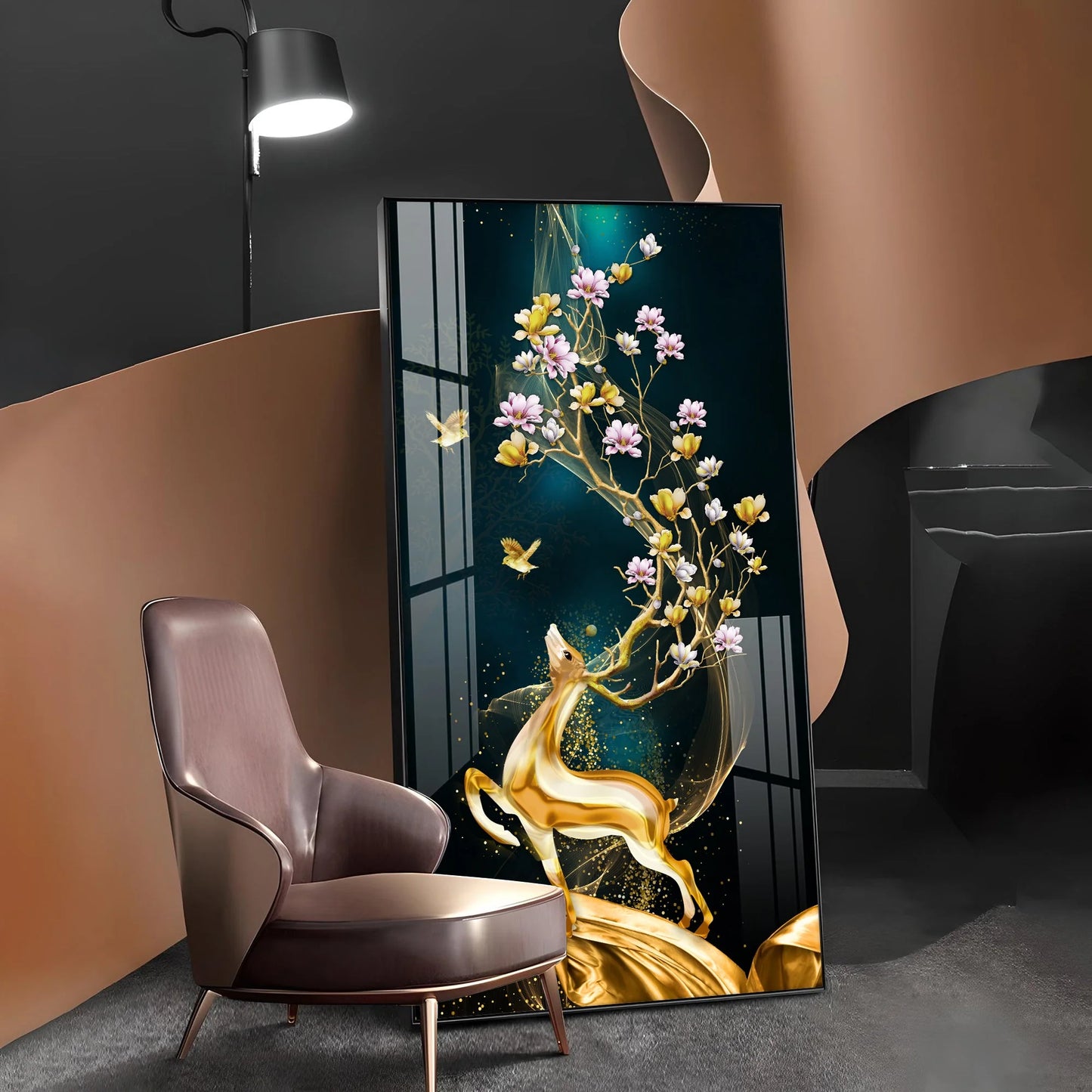 Heavenly Golden Deer Luxury Crystal Vertical Wall Art