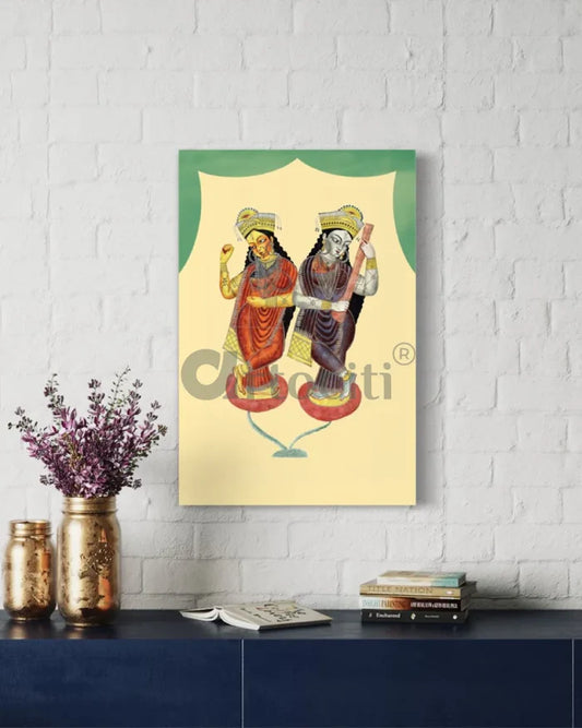 Hindu goddesses Lakshami and Saraswati playing castanets and a tambura | Kalighat Painting Canvas Giclee Print