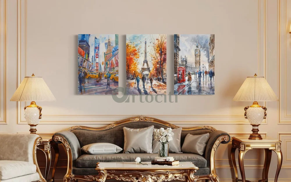 Iconic Foreign Cities New York, Paris, London Canvas Giclee Print