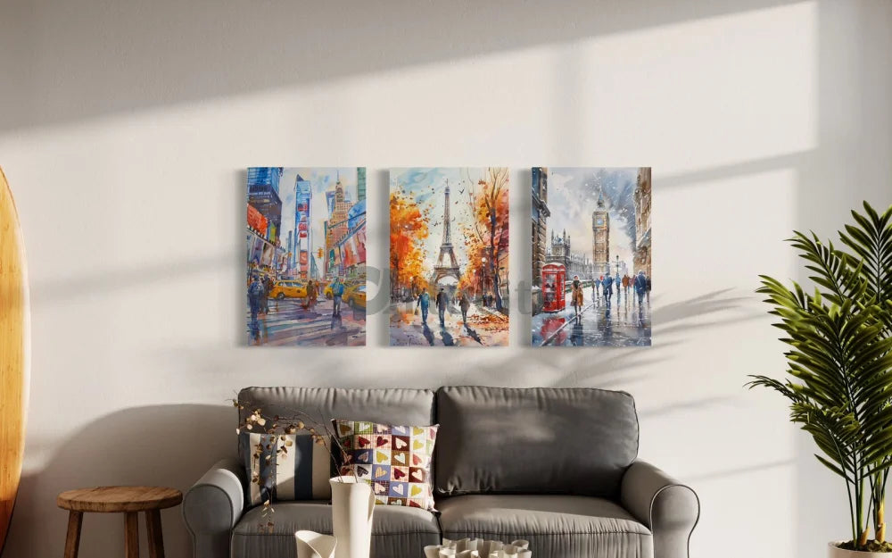 Iconic Foreign Cities New York, Paris, London Canvas Giclee Print