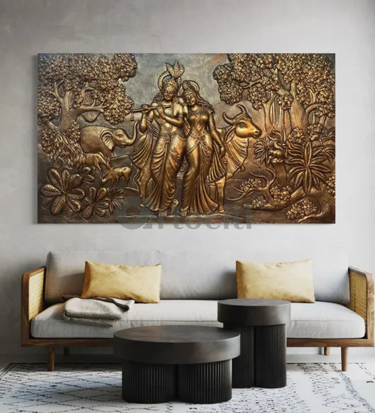 7x4 Feet Radha Krishna 3D Elevation Sculpture Relief Mural Wall Art