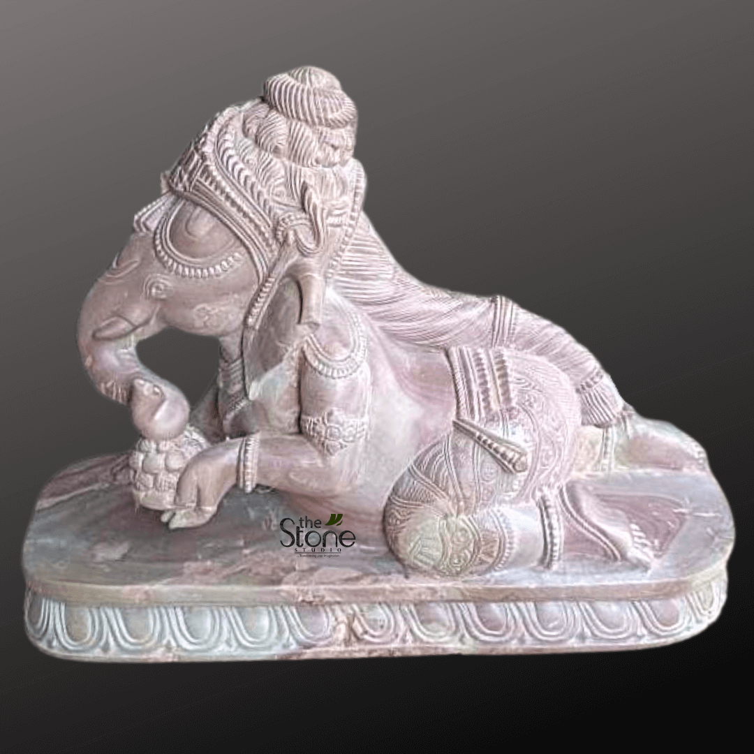 Crawling Ganesha Statue in Pink Stone 1ft