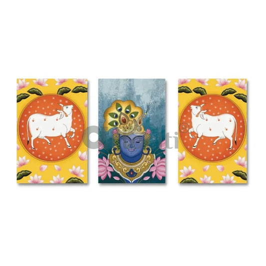 Indian Colourful Shreenath Ji Pichwai Painting (Set of 3) High Quality Giclee Print