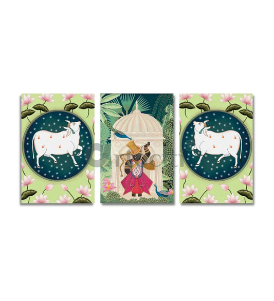 Indian Pastel Green Shreenath Ji Pichwai Painting Set of 3