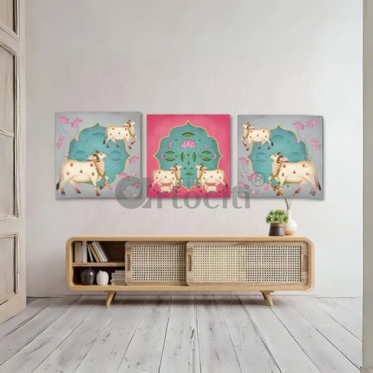 Indian Pastel Krishna Cow Pichwai Painting Wall Painting (Set of 3) Giclee Print